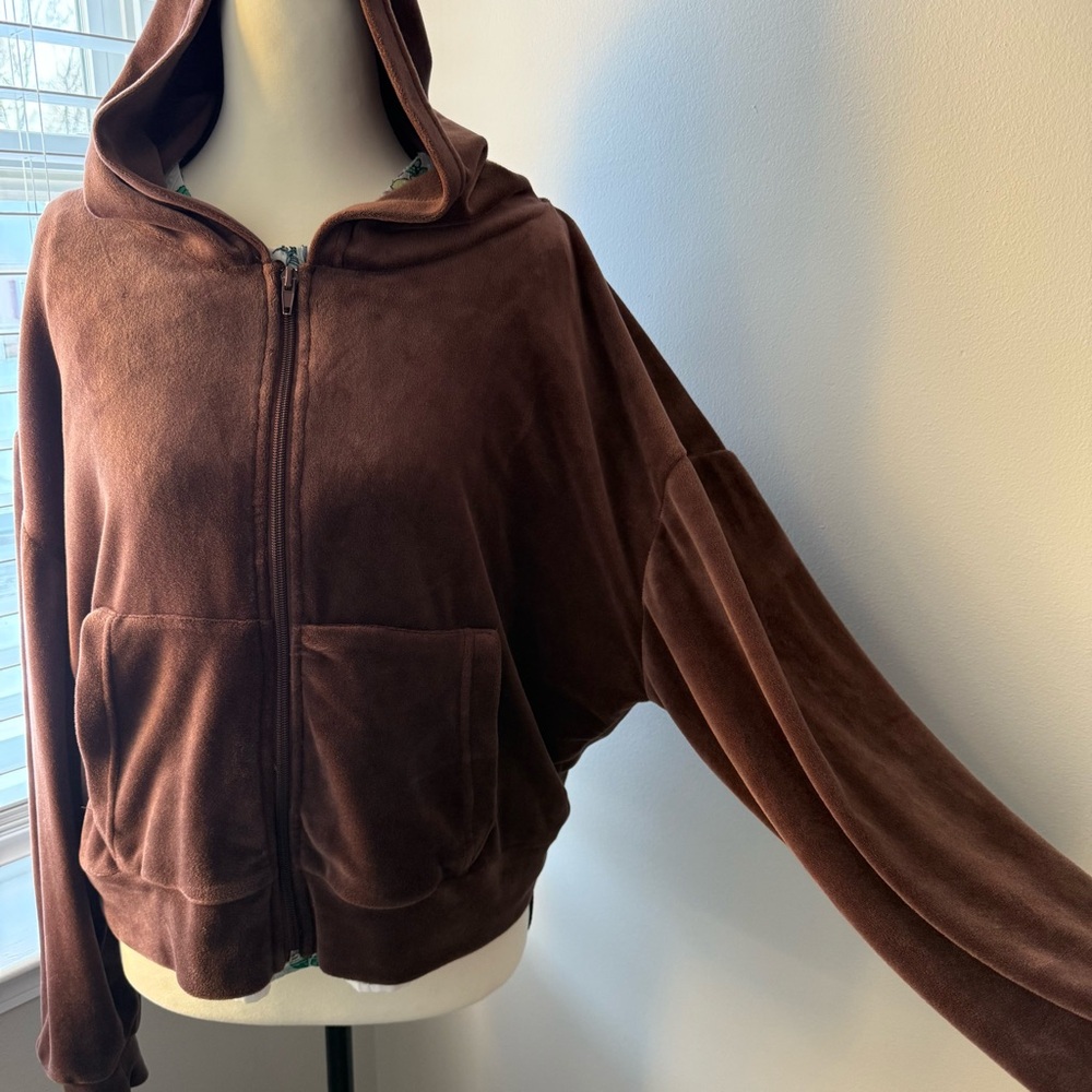 Refuge Velour Chocolate Brown Velvet Crop Hooded Women's Zip Up Sweater Sz Large